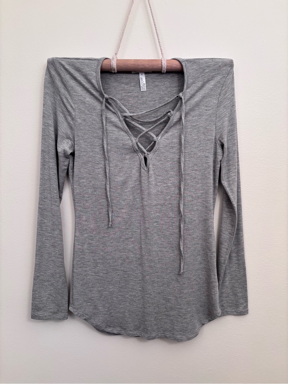 Leith Gray Lace-Up V-Neck Long Sleeve Top